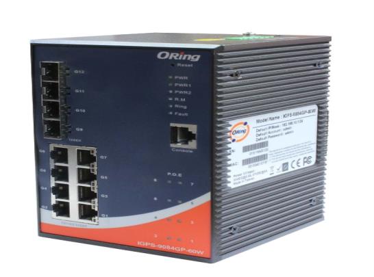  Oring Industrial IGPS-9084GP 8x10/100/1000Base-T(X) PSE bağlantı noktalarına ve 4x100/1000Base-X, SFP soketine sahip endüstriyel 12 bağlantı noktalı yönetimli Gigabit PoE Ethernet anahtarı